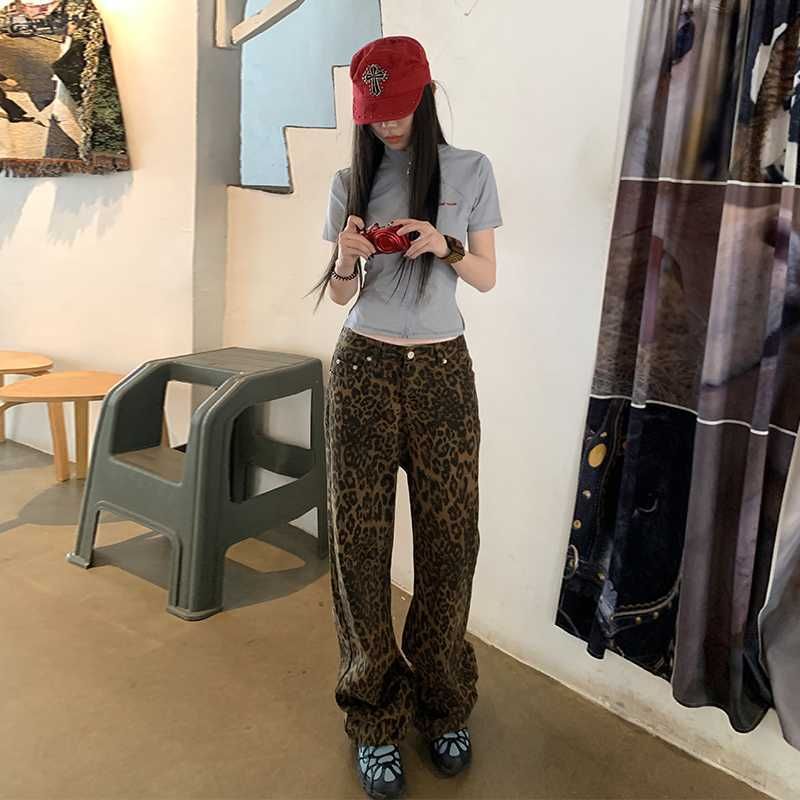 Low Rise Leopard Print Straight-Fit Wide-Leg Pants