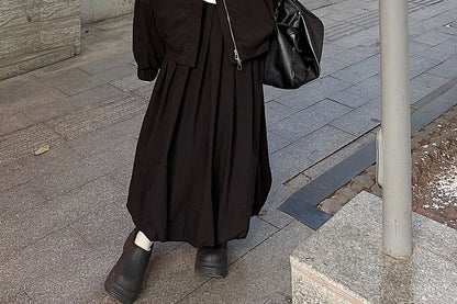 Plain Zip-Up Bomber Jacket / High Rise Pleated Maxi A-Line Skirt