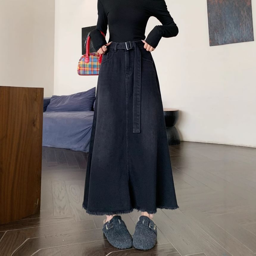 Set: High Waist Washed Frayed Denim Maxi A-Line Skirt + Belt