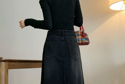 Set: High Waist Washed Frayed Denim Maxi A-Line Skirt + Belt