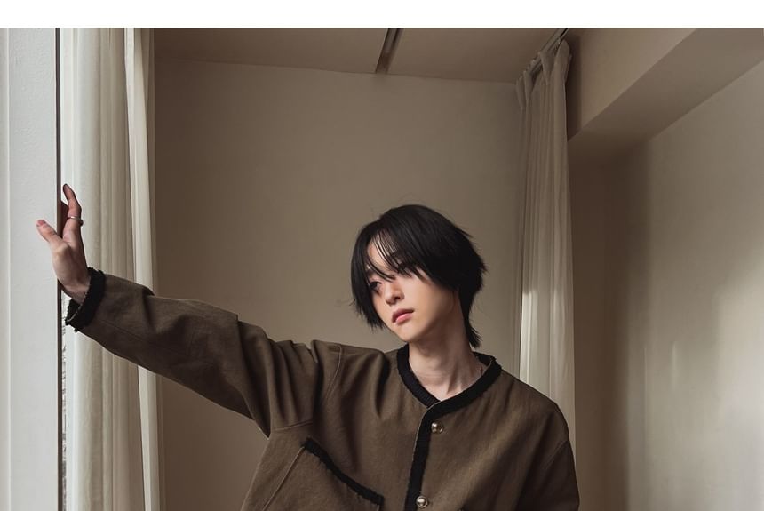 Unisex Round Neck Button-Up Tweed Jacket