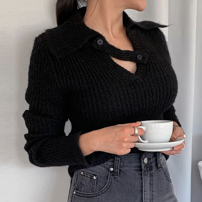 Collared V-Neck Plain Ribbed Sweater