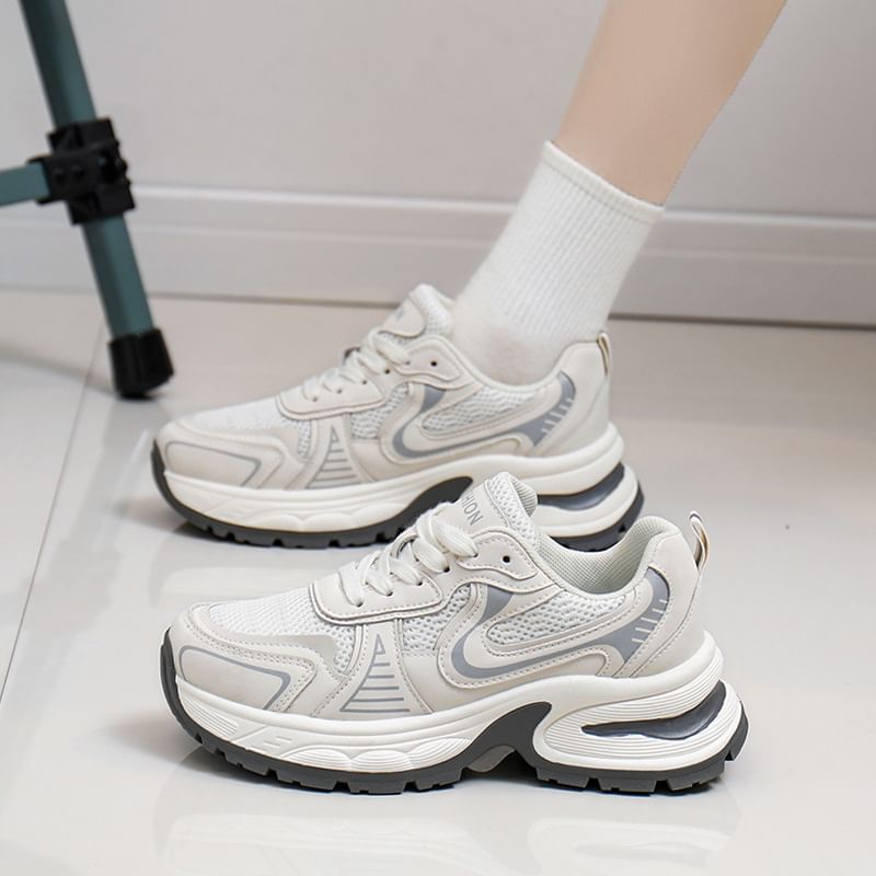 Mesh Panel Lace-Up Platform Sneakers
