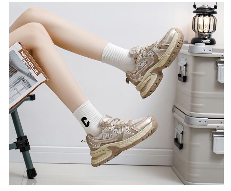 Mesh Panel Lace-Up Platform Sneakers