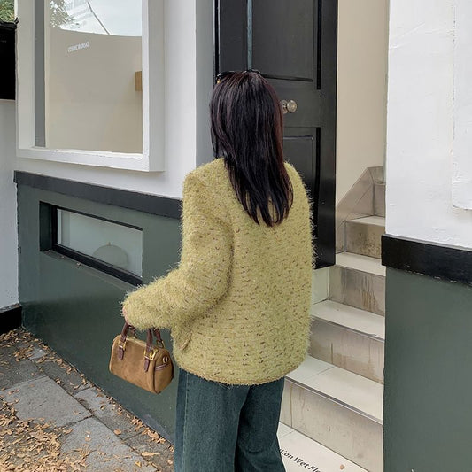 Plus Size U-Neck Tweed Button-Up Jacket