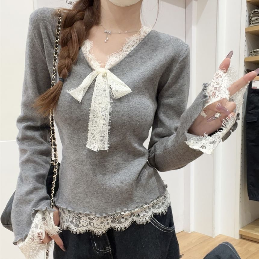 Long-Sleeve V-Neck Lace Panel Tie Front Slim Fit Knit Top