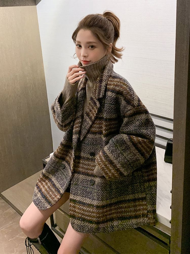 Notch Lapel Plaid Tweed Double-Breasted Coat