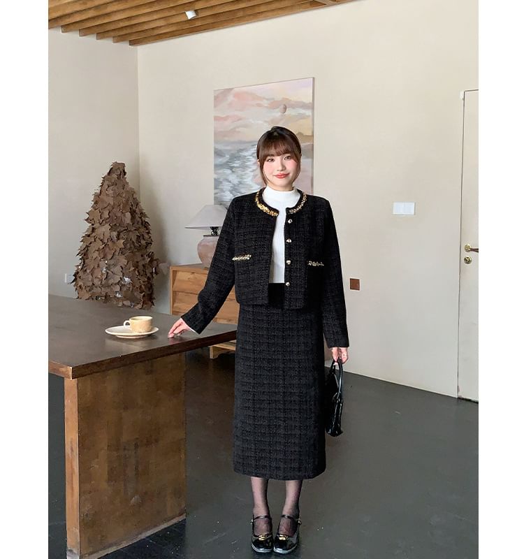 Set: Round Neck Sequin Tweed Button Jacket + High Waist Midi Straight Skirt