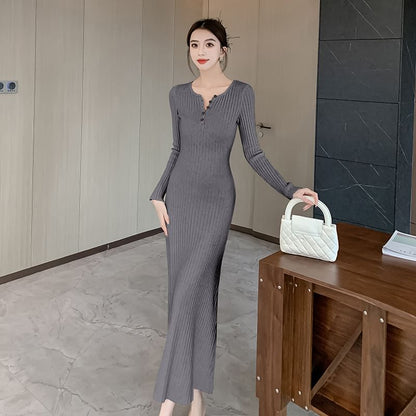 Long-Sleeve Crew Neck Plain Buttoned Maxi Sheath Dress