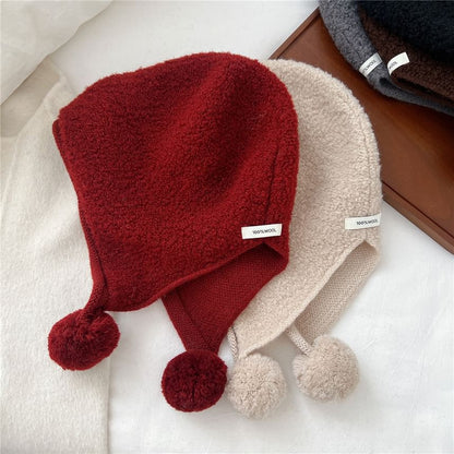 Plain Applique Pom Pom Knit Bonnet Hat