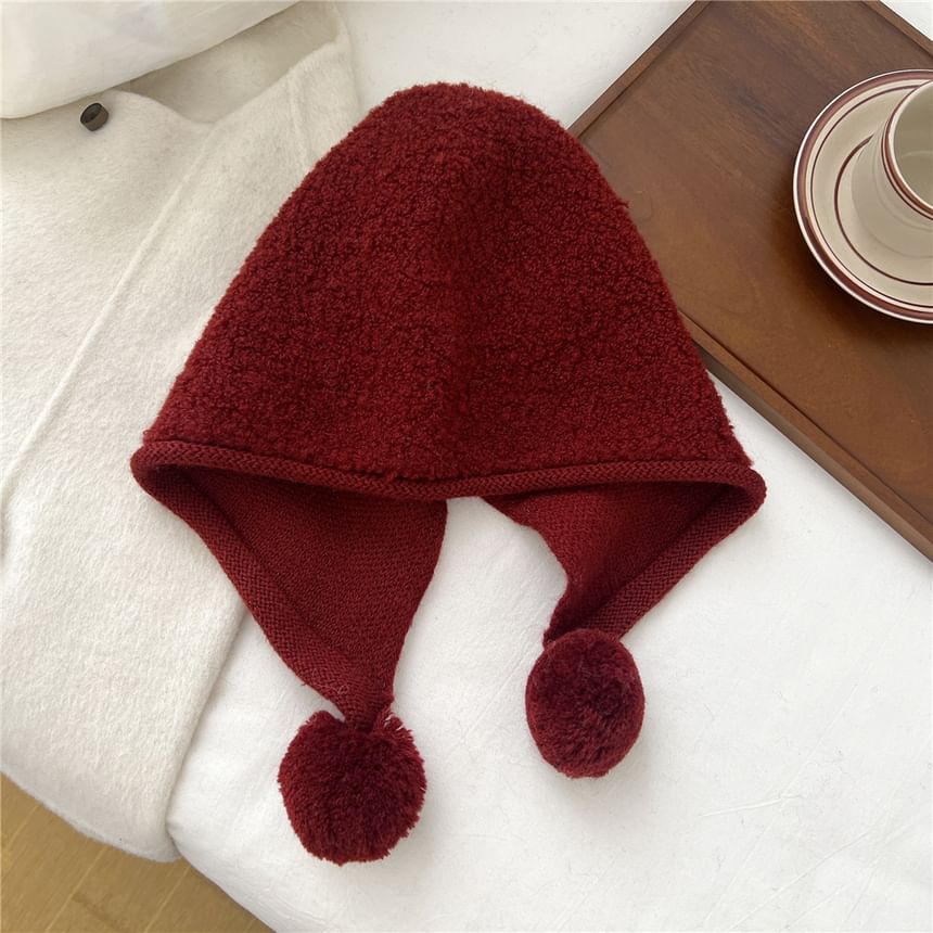 Plain Applique Pom Pom Knit Bonnet Hat