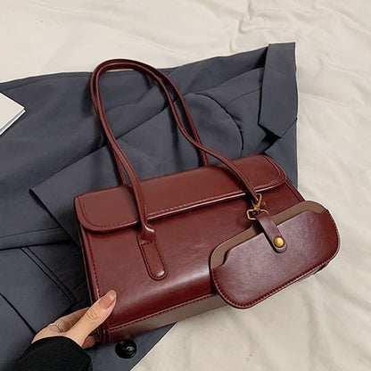 Faux Leather Flap Tote Bag With Card Holder