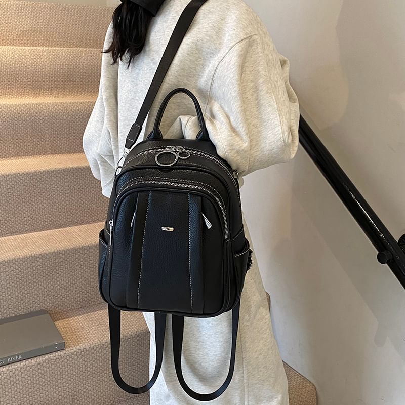 Multi-Pocket Faux Leather Backpack