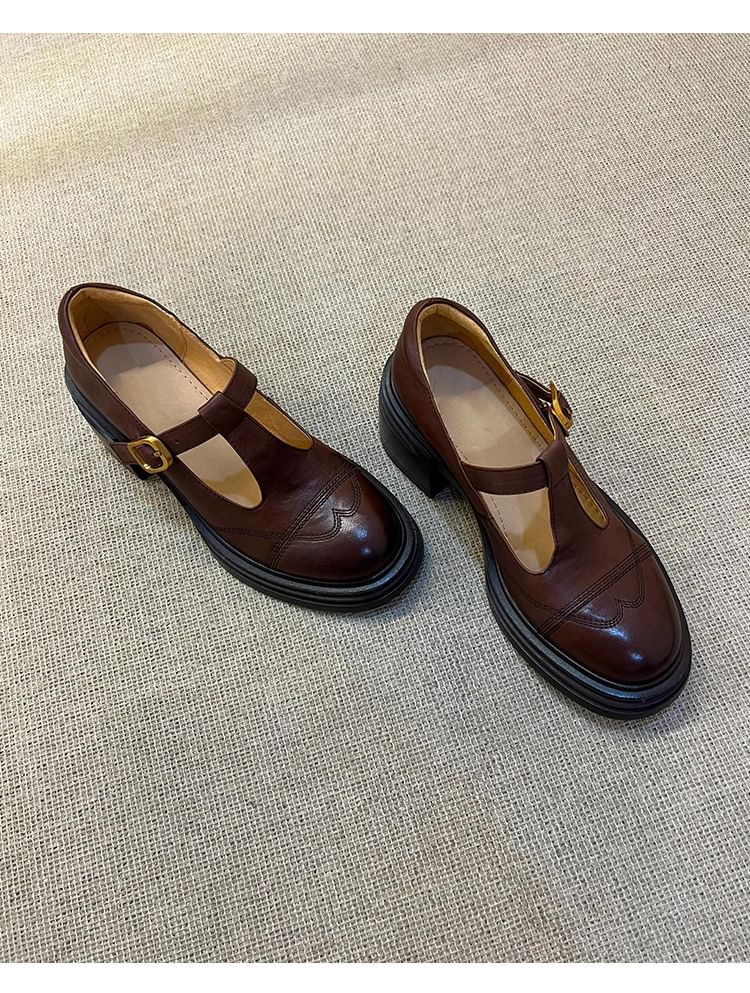 Platform T-Strap Plain Faux Leather Mary Jane Shoes