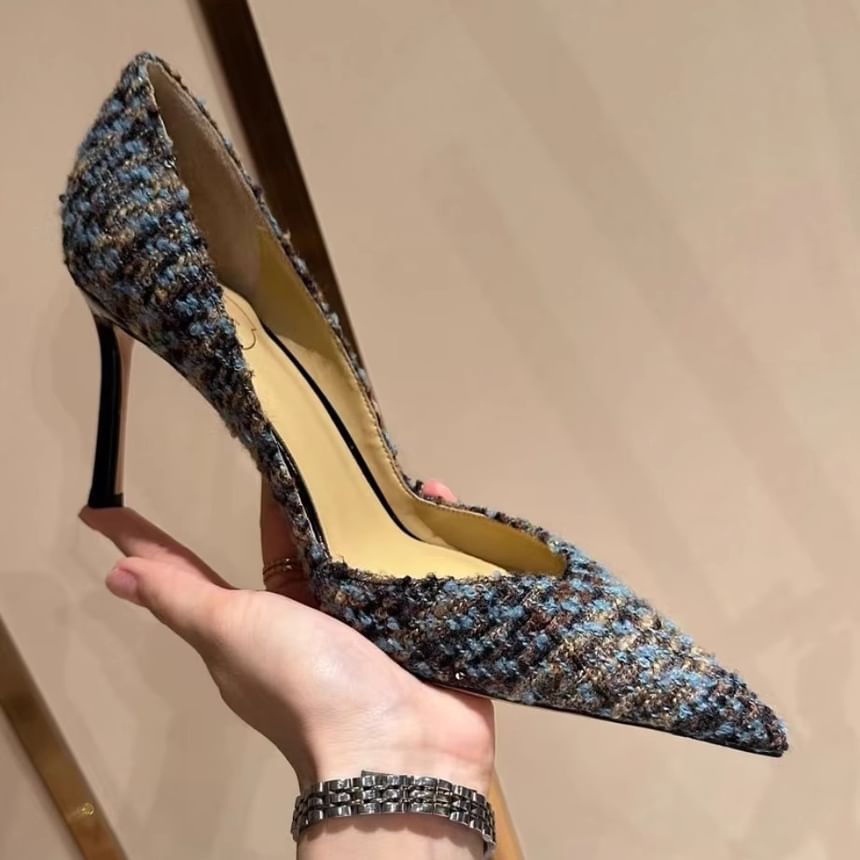 Stiletto Tweed Pumps Pointed Toe Sequin
