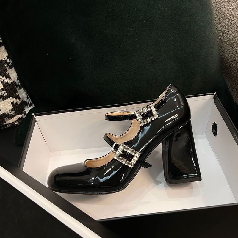 Jane Patent Leather Mary Chunky Heel Pumps Buckled Rhinestone