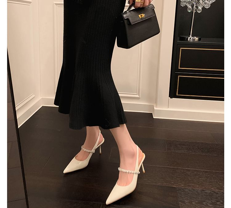 Patent Pointed Leather Slingback Sandals Toe Accent Rhinestone Stiletto