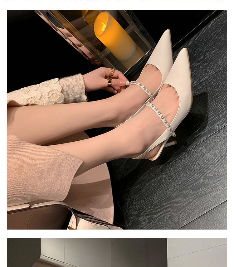 Patent Pointed Leather Slingback Sandals Toe Accent Rhinestone Stiletto