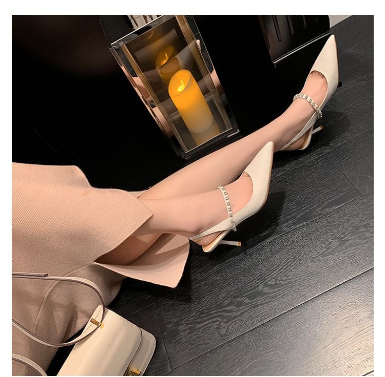 Patent Pointed Leather Slingback Sandals Toe Accent Rhinestone Stiletto