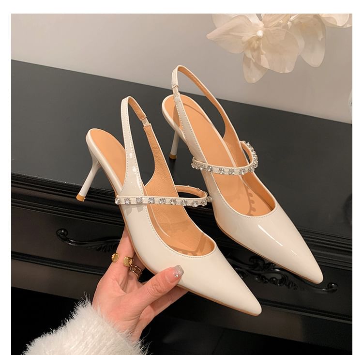 Patent Pointed Leather Slingback Sandals Toe Accent Rhinestone Stiletto