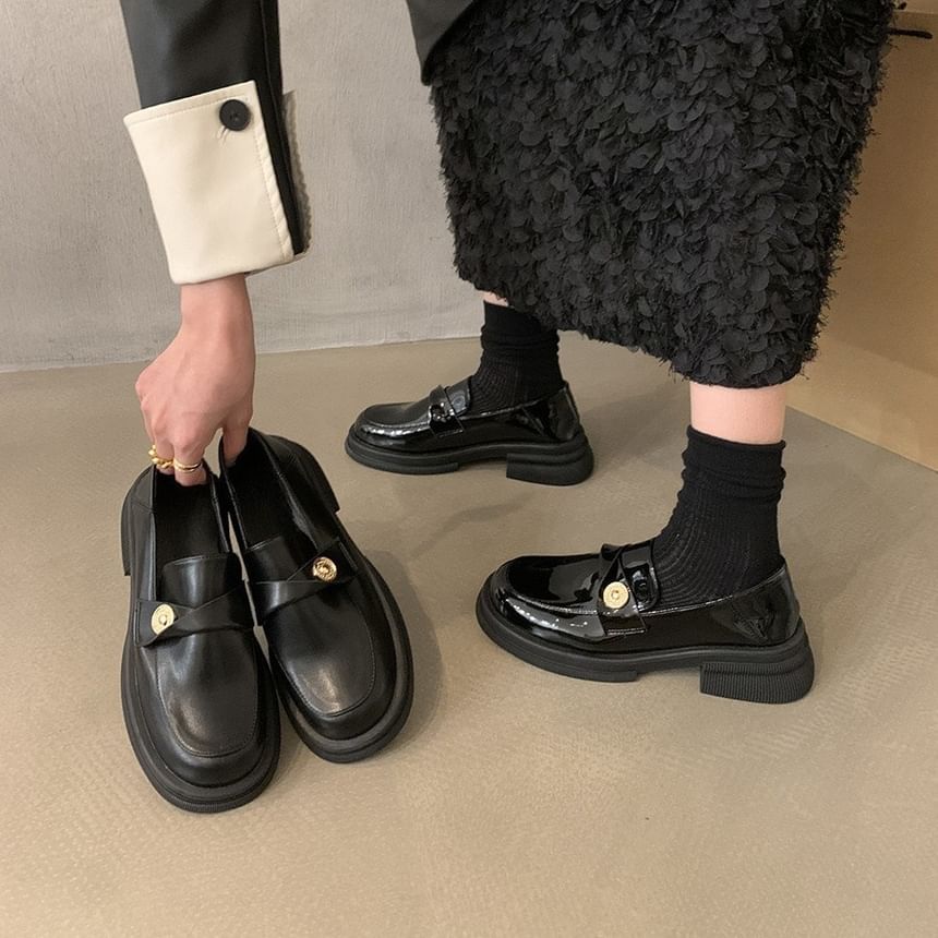 Metal Faux Platform Loafers Accent Leather