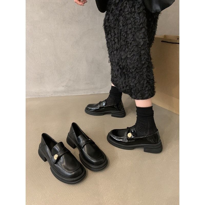 Metal Faux Platform Loafers Accent Leather