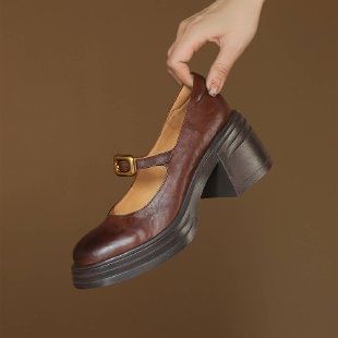 Leather Shoes Faux Heel Buckled Plain Mary Chunky Jane