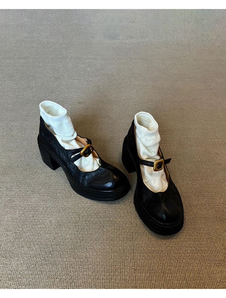 Leather Shoes Faux Heel Buckled Plain Mary Chunky Jane