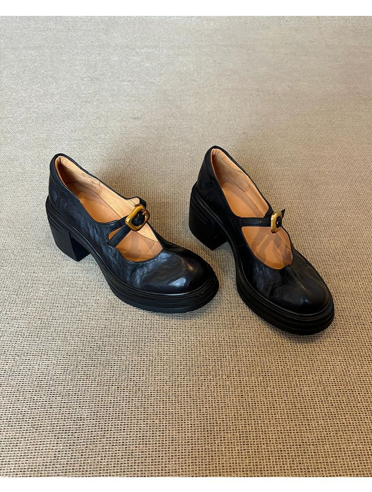 Leather Shoes Faux Heel Buckled Plain Mary Chunky Jane