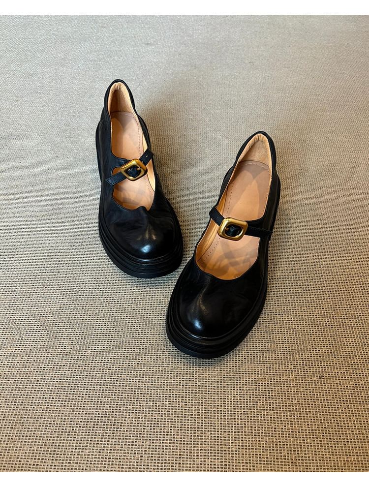 Leather Shoes Faux Heel Buckled Plain Mary Chunky Jane