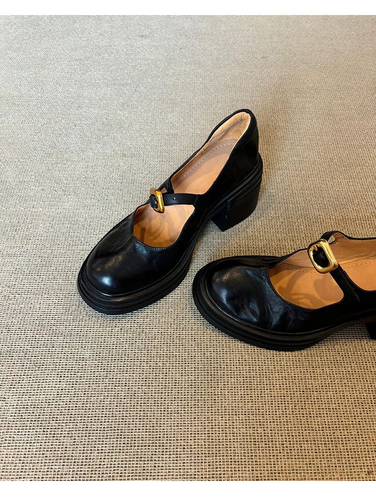 Leather Shoes Faux Heel Buckled Plain Mary Chunky Jane