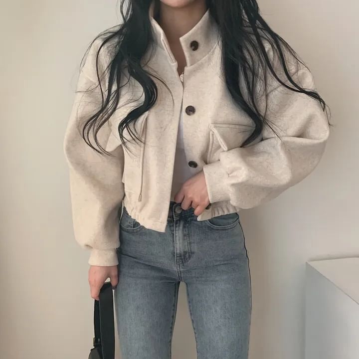 Stand Collar Single-Breasted Woolen Croped Jacket