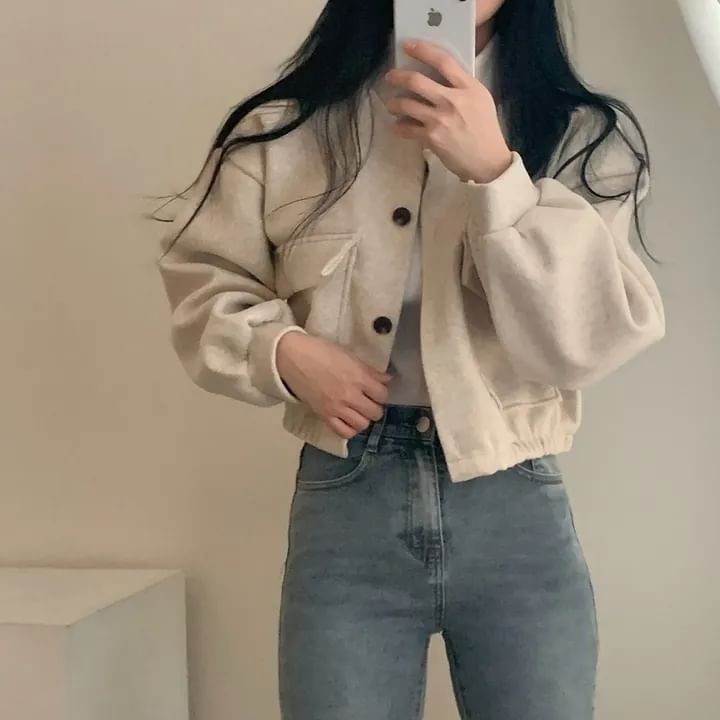 Stand Collar Single-Breasted Woolen Croped Jacket