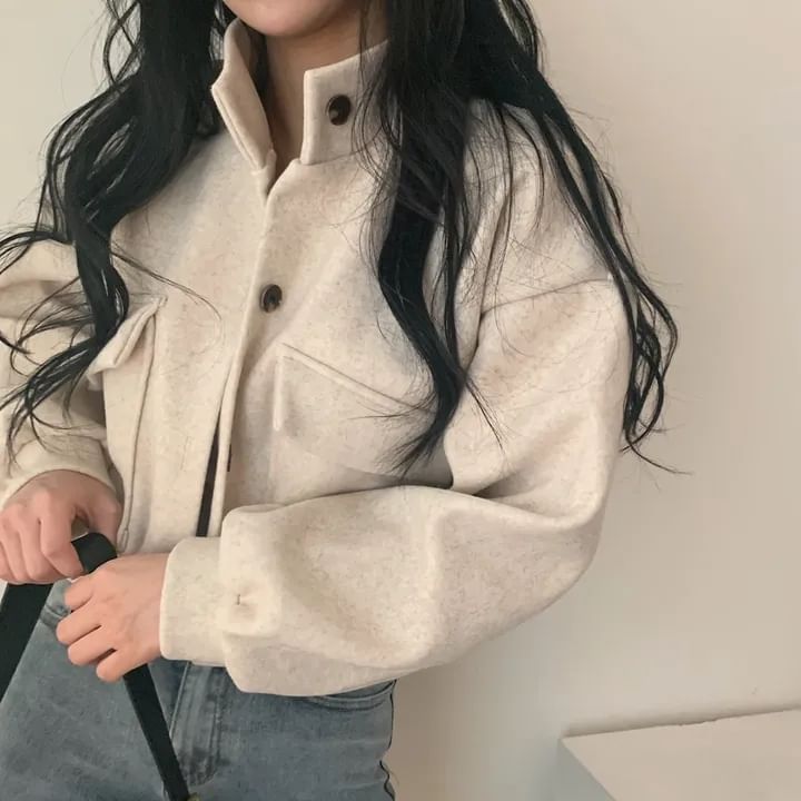 Stand Collar Single-Breasted Woolen Croped Jacket