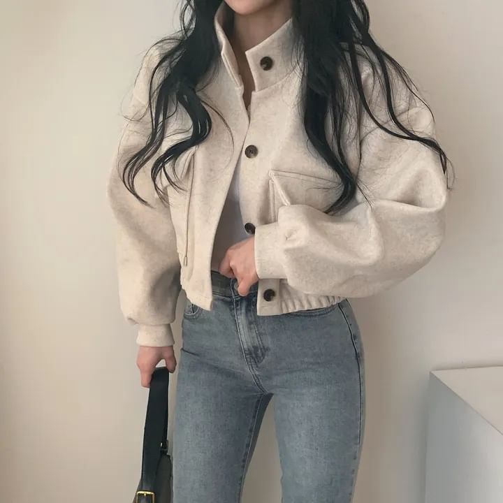 Stand Collar Single-Breasted Woolen Croped Jacket