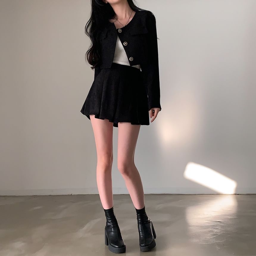 Set: Crew Neck Tweed Blazer + High Rise Pleated Mini Skirt