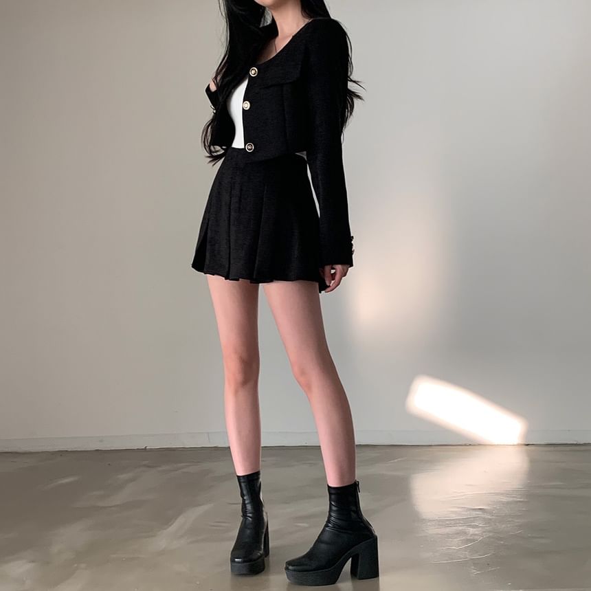 Set: Crew Neck Tweed Blazer + High Rise Pleated Mini Skirt