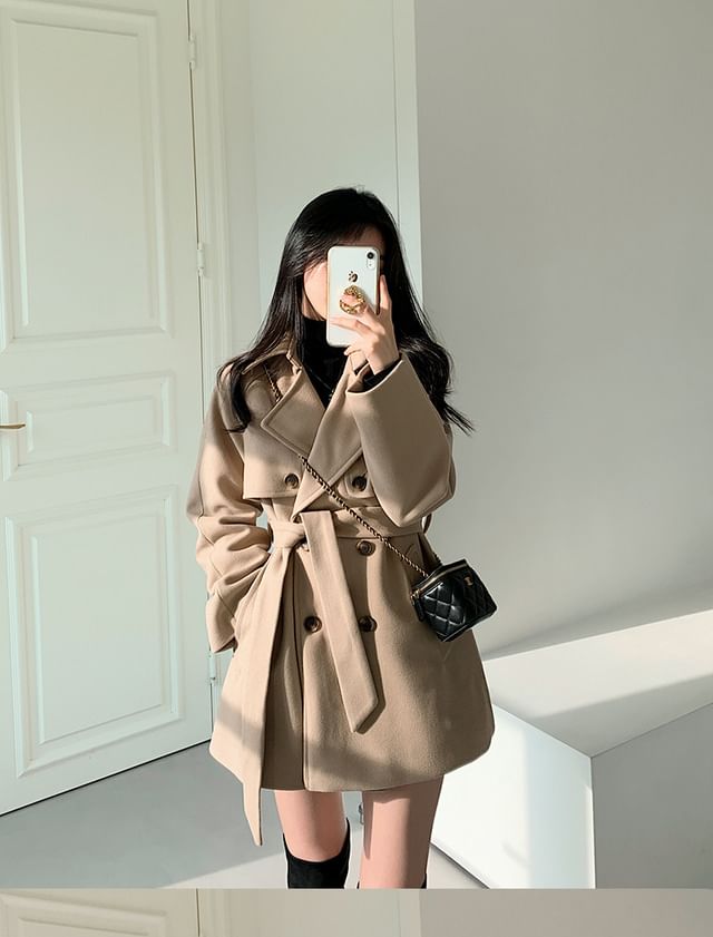 Long Sleeve Lapel Double-Breasted Belted Woolen Blend Coat