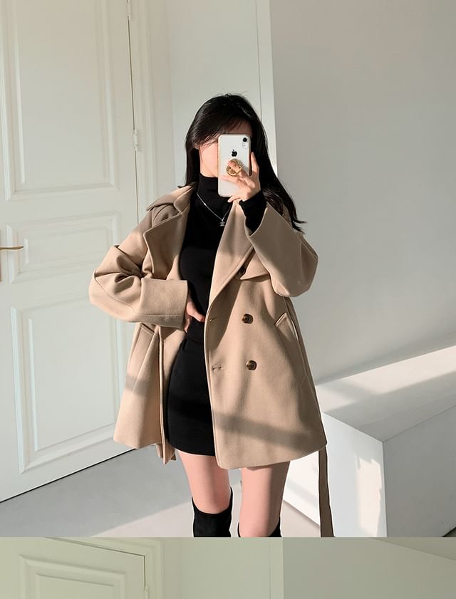 Long Sleeve Lapel Double-Breasted Belted Woolen Blend Coat