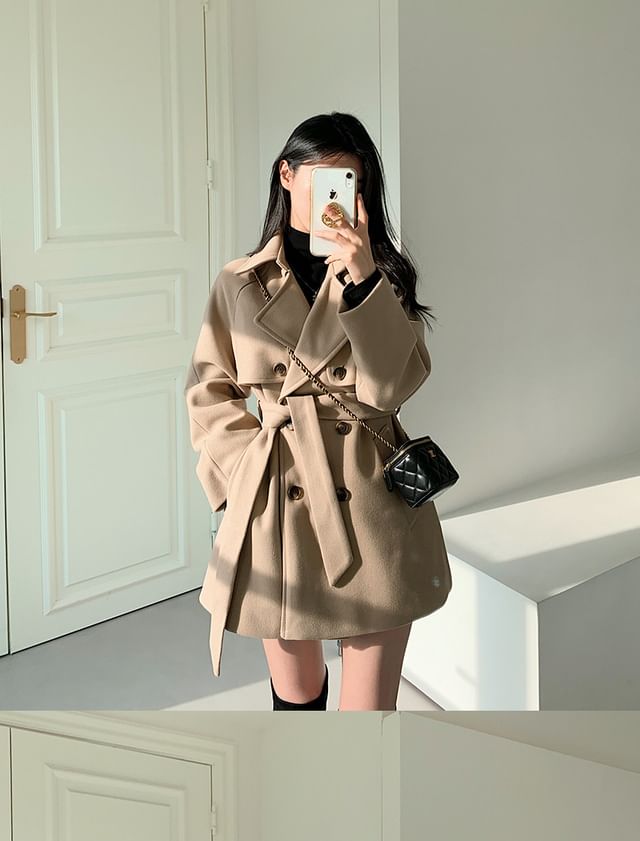 Long Sleeve Lapel Double-Breasted Belted Woolen Blend Coat