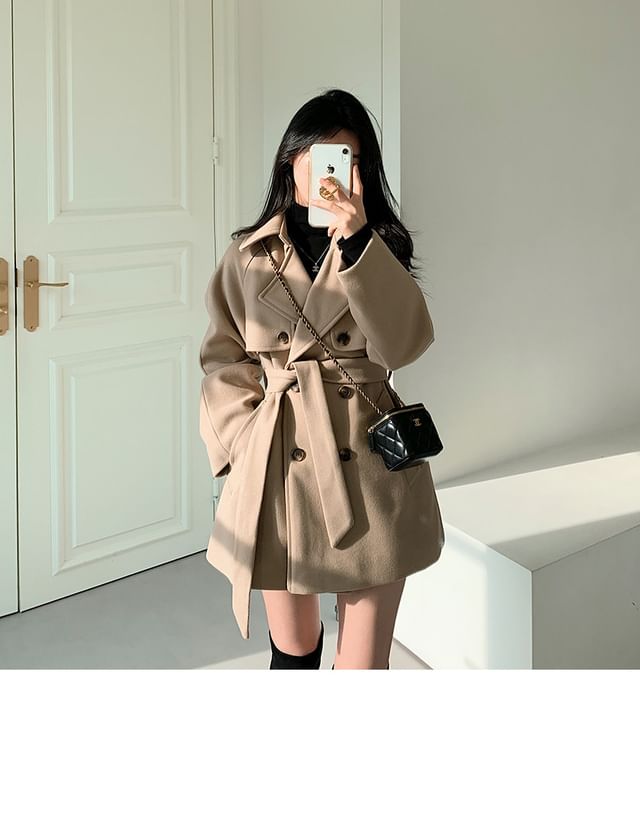 Long Sleeve Lapel Double-Breasted Belted Woolen Blend Coat