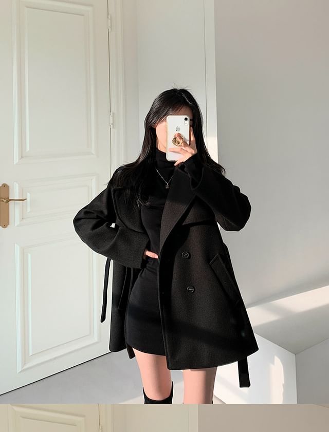 Long Sleeve Lapel Double-Breasted Belted Woolen Blend Coat