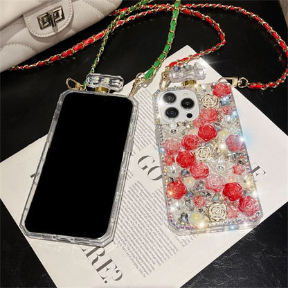 Rose Rhinestone Galaxy Lanyard Phone Case