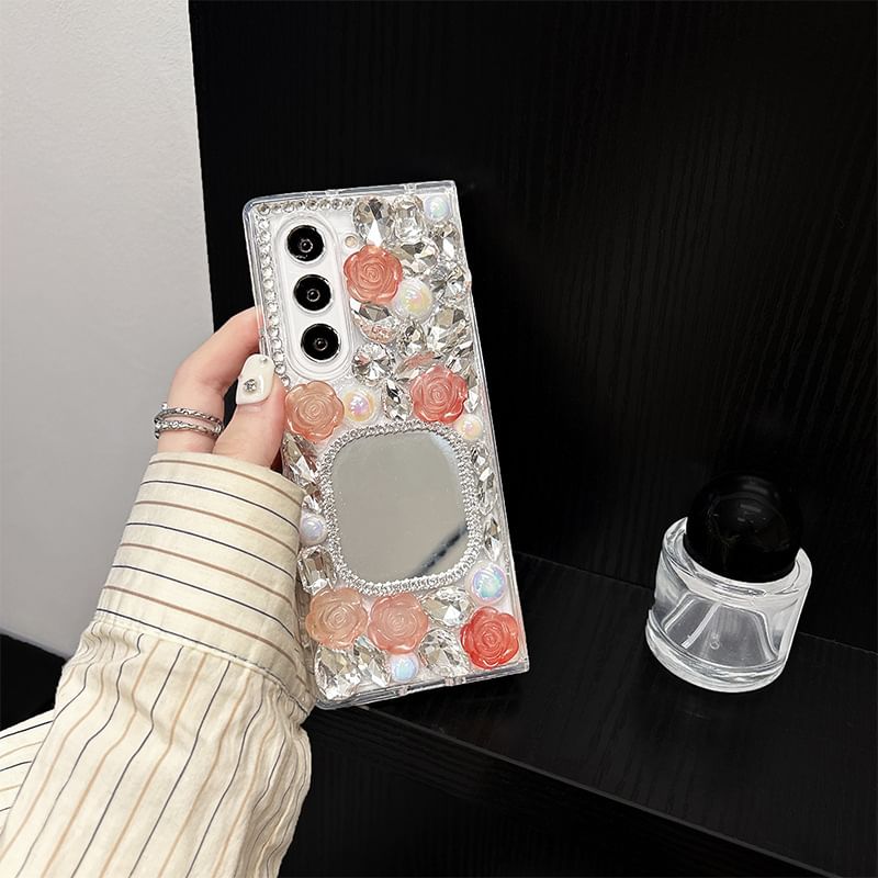 Rose Rhinestone Mirrored Phone Case