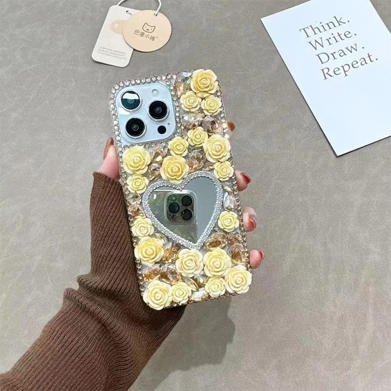 Case Phone Mirrored Rhinestone Rose