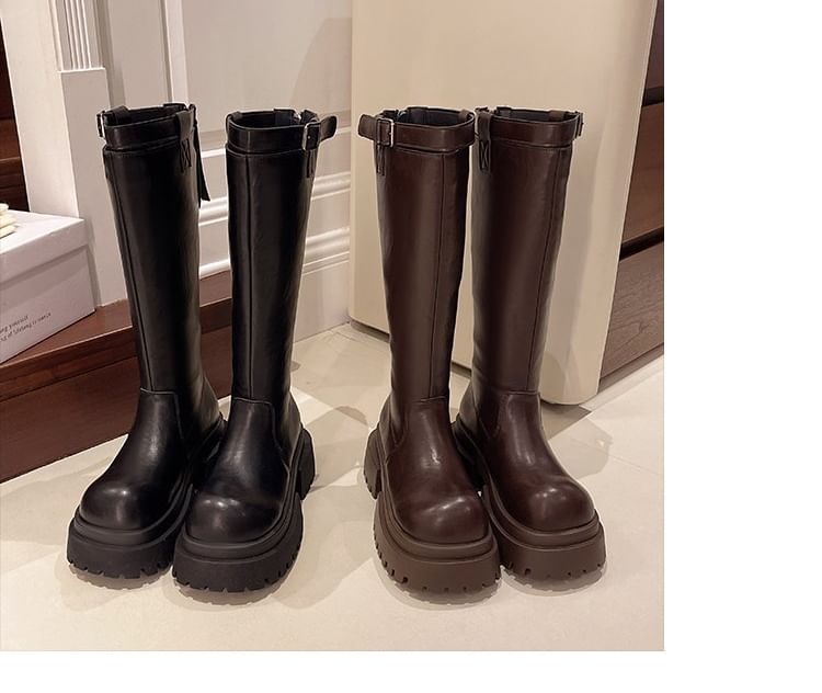 Plain Platform Tall Boots Buckled