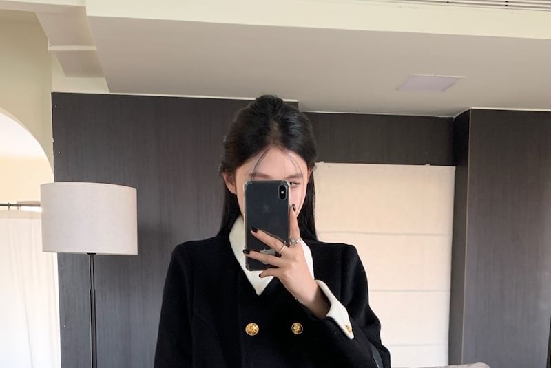 Embroidered-Collar Double-Breasted Wool Coat