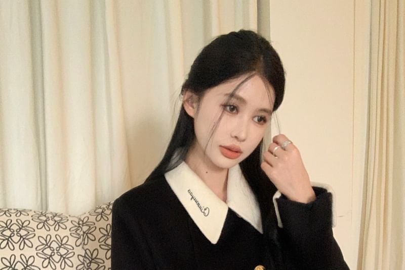 Embroidered-Collar Double-Breasted Wool Coat