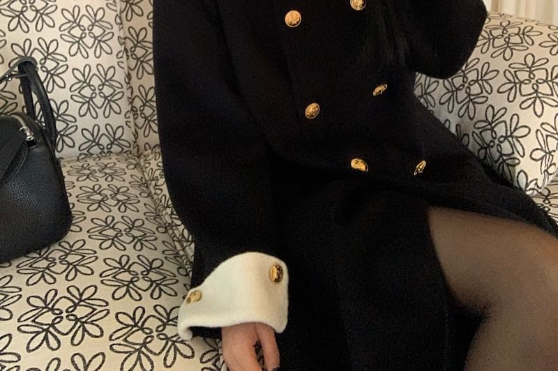 Embroidered-Collar Double-Breasted Wool Coat