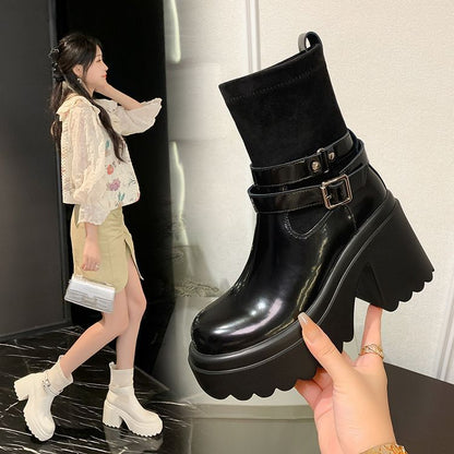 Platform Plain Buckled Genuine Leather Short Boots